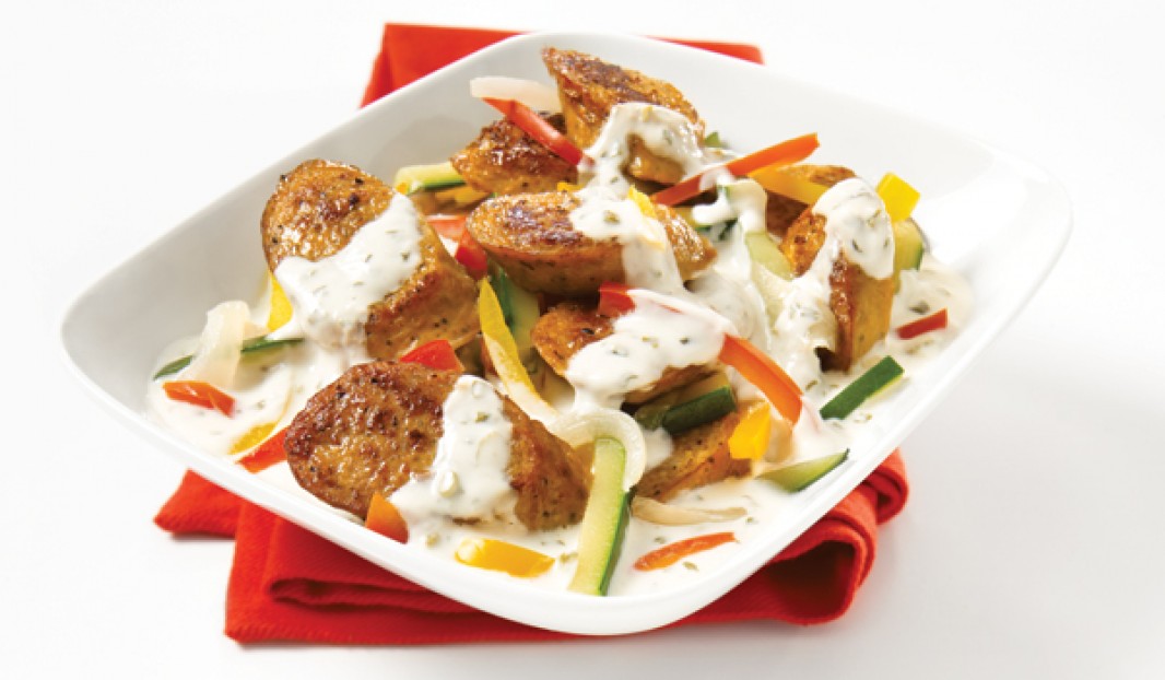 European Sausage Dry-braised with Vegetables and Boursin 