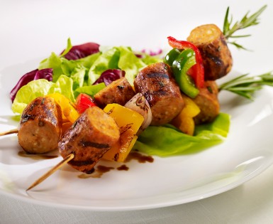 Skewers of grilled Italian sausage and peppers