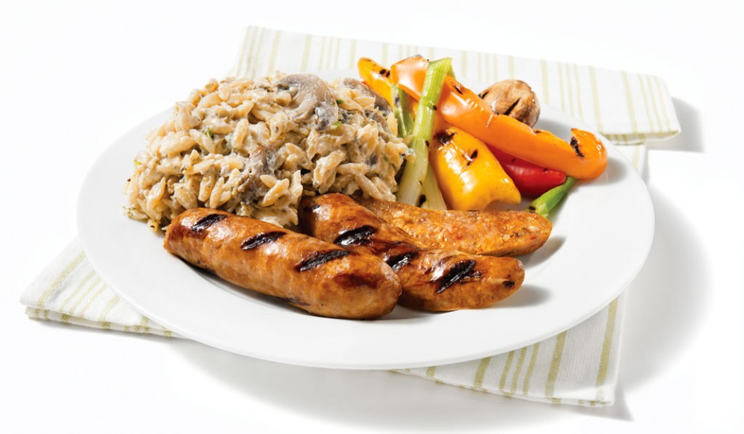 Grilled Italian Sausages with Mushroom and Boursin Orzo