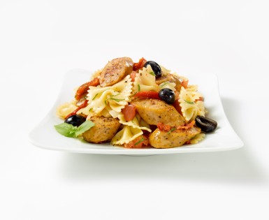 Pasta sauteed with bratwurst sausage and tapenade