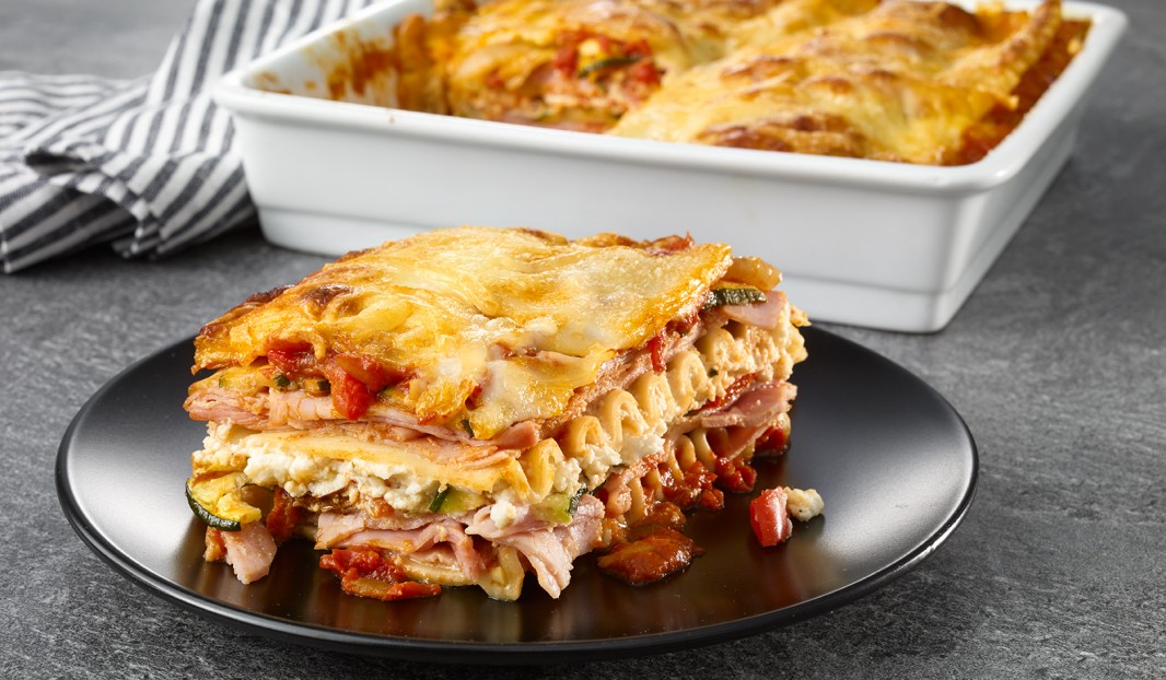 Lasagna with ham, grilled vegetables and cheese