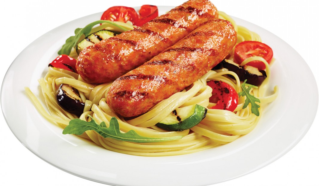 Linguini with Spicy Italian Sausages and Grilled Vegetables